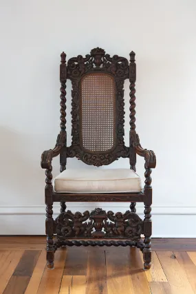 Renaissance Revival Carved Gothic Chair with Bespoke Linen Cushion