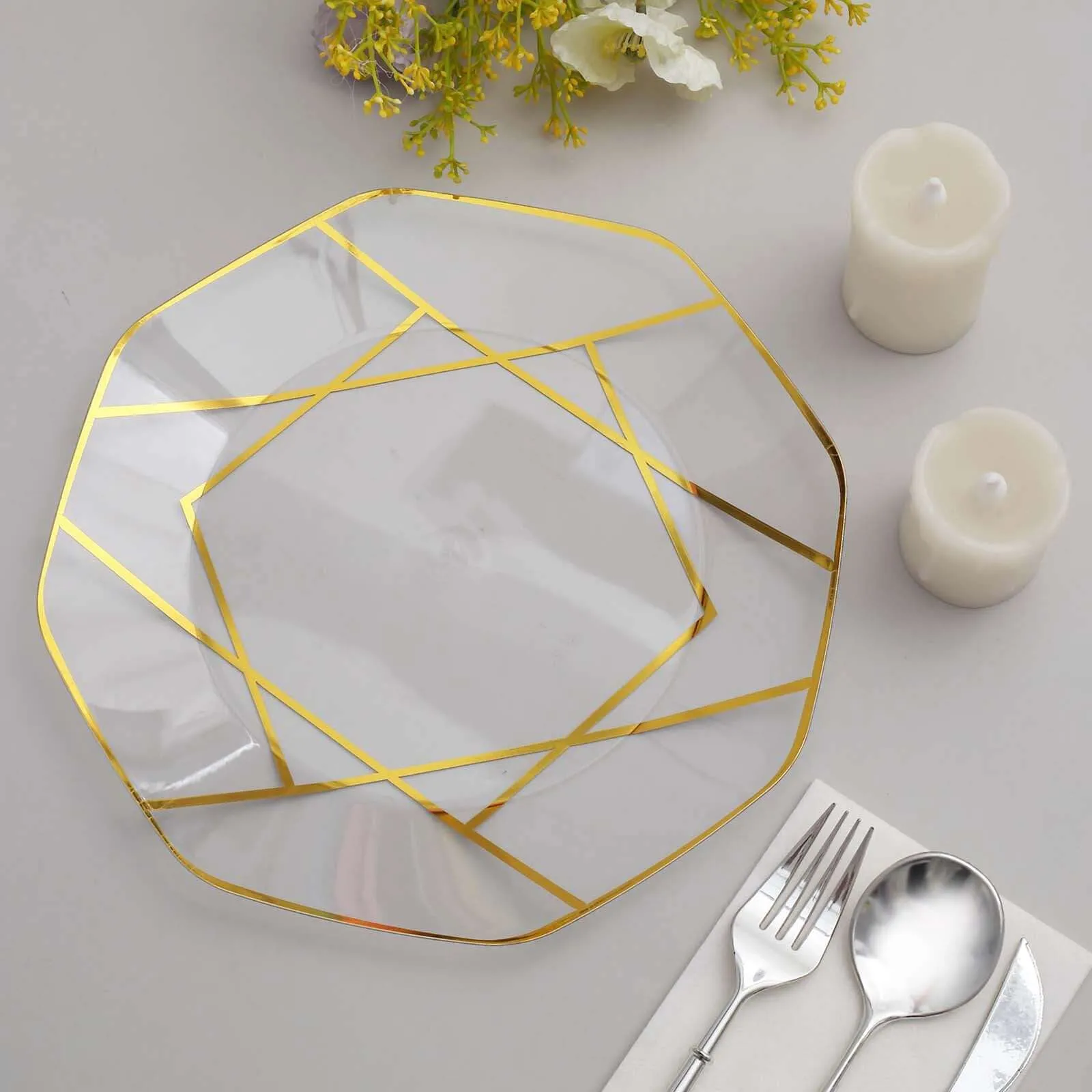 10 Pack 10" Clear Gold Geometric Design Disposable Dinner Plates, Plastic Octagon Party Plates