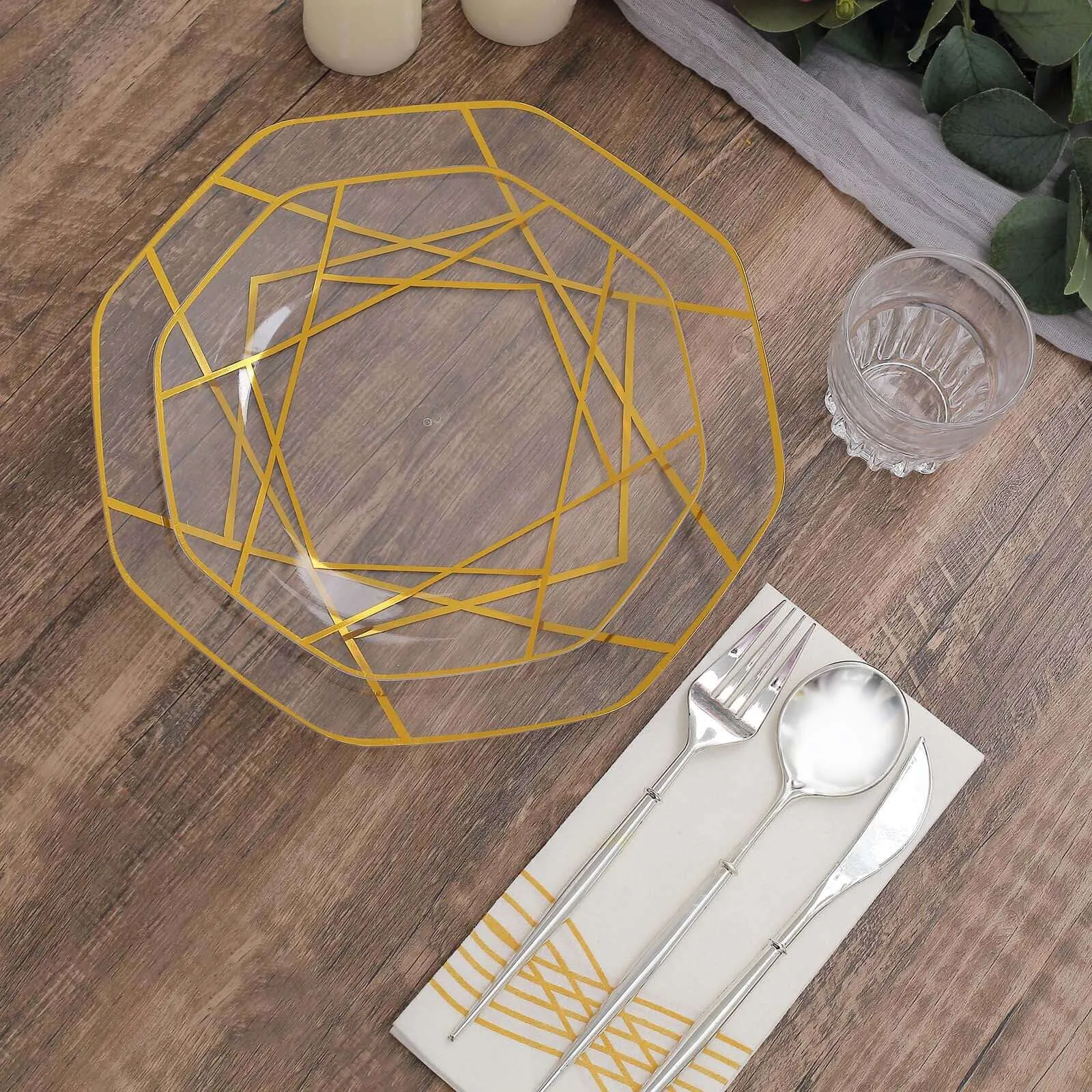 10 Pack 10" Clear Gold Geometric Design Disposable Dinner Plates, Plastic Octagon Party Plates