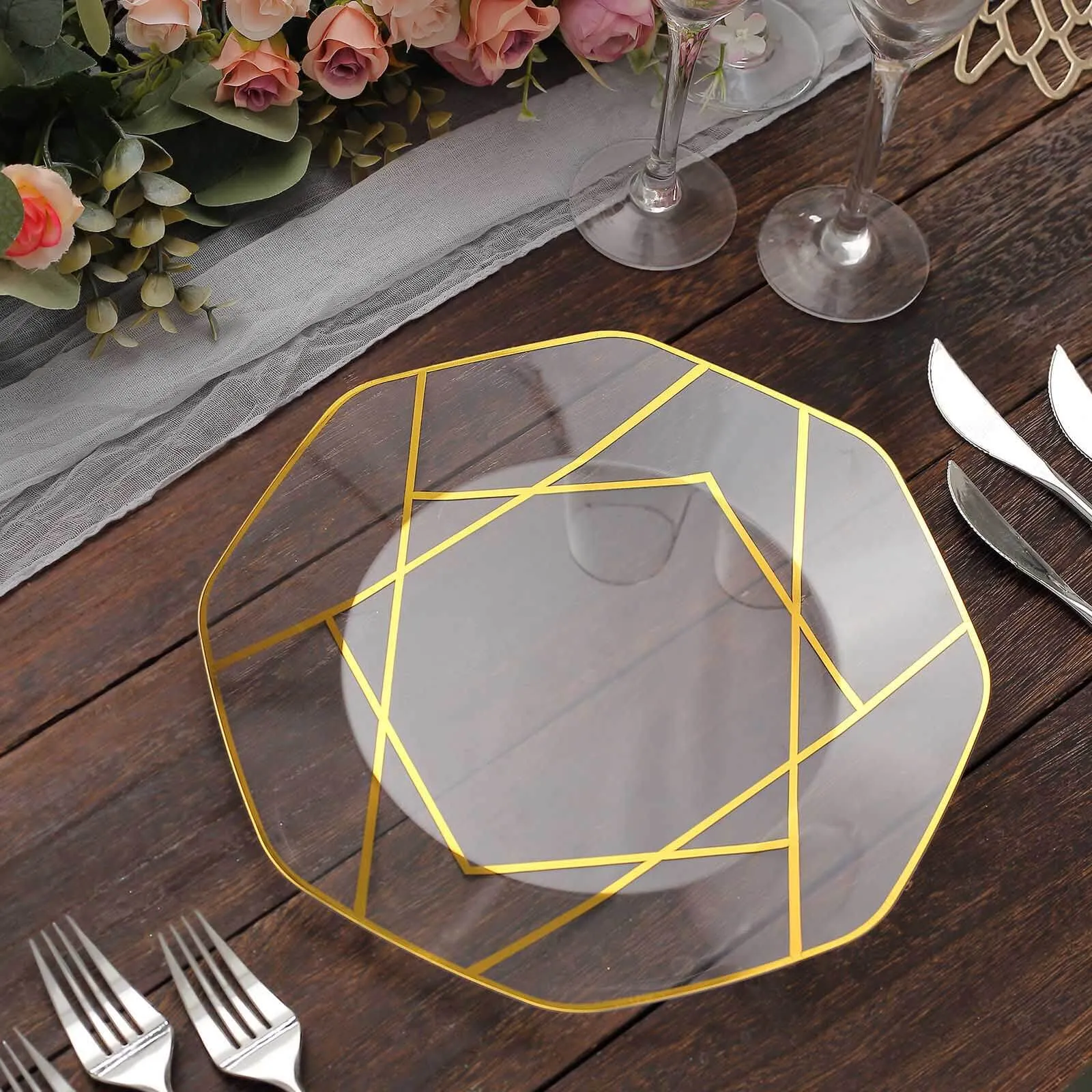 10 Pack 10" Clear Gold Geometric Design Disposable Dinner Plates, Plastic Octagon Party Plates