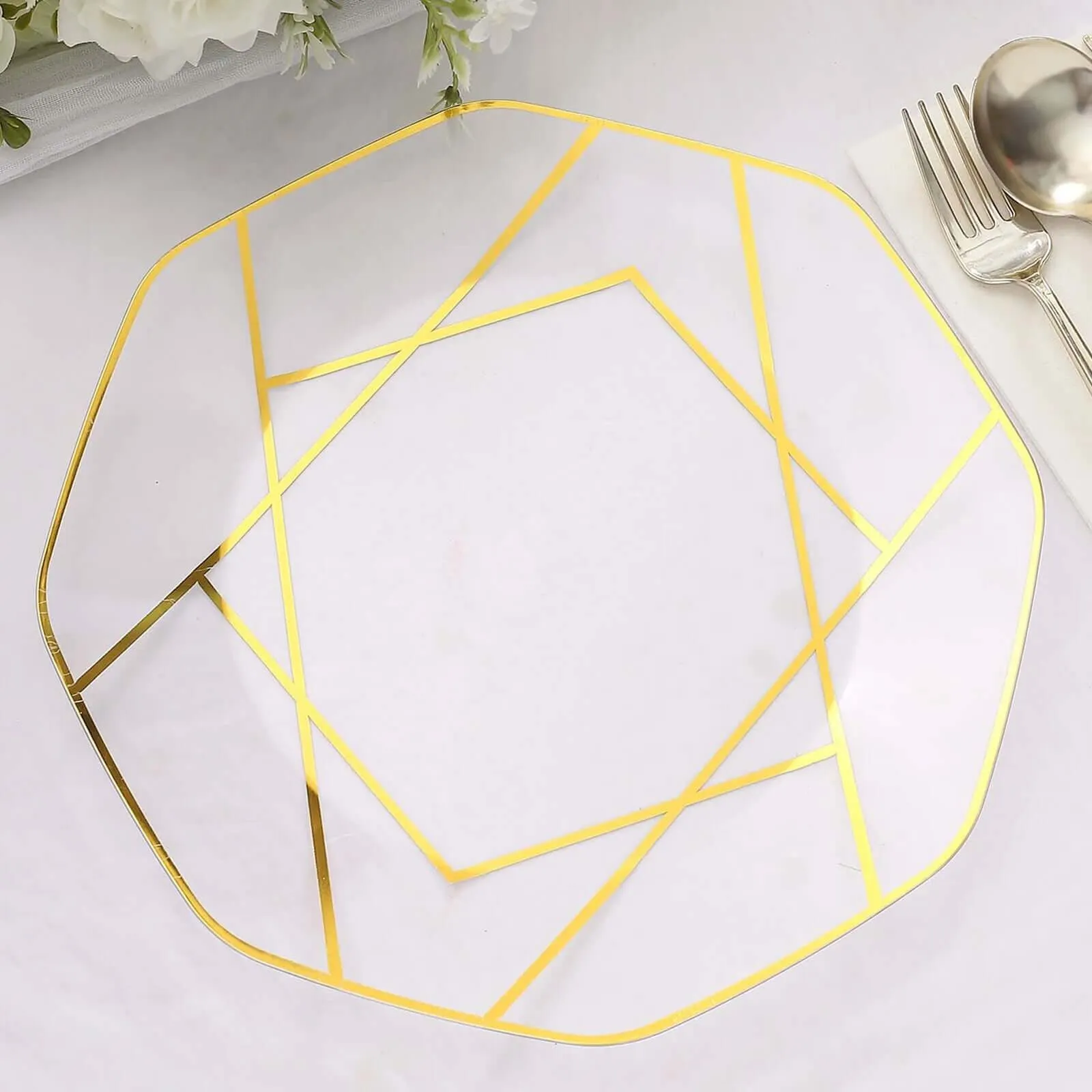 10 Pack 10" Clear Gold Geometric Design Disposable Dinner Plates, Plastic Octagon Party Plates