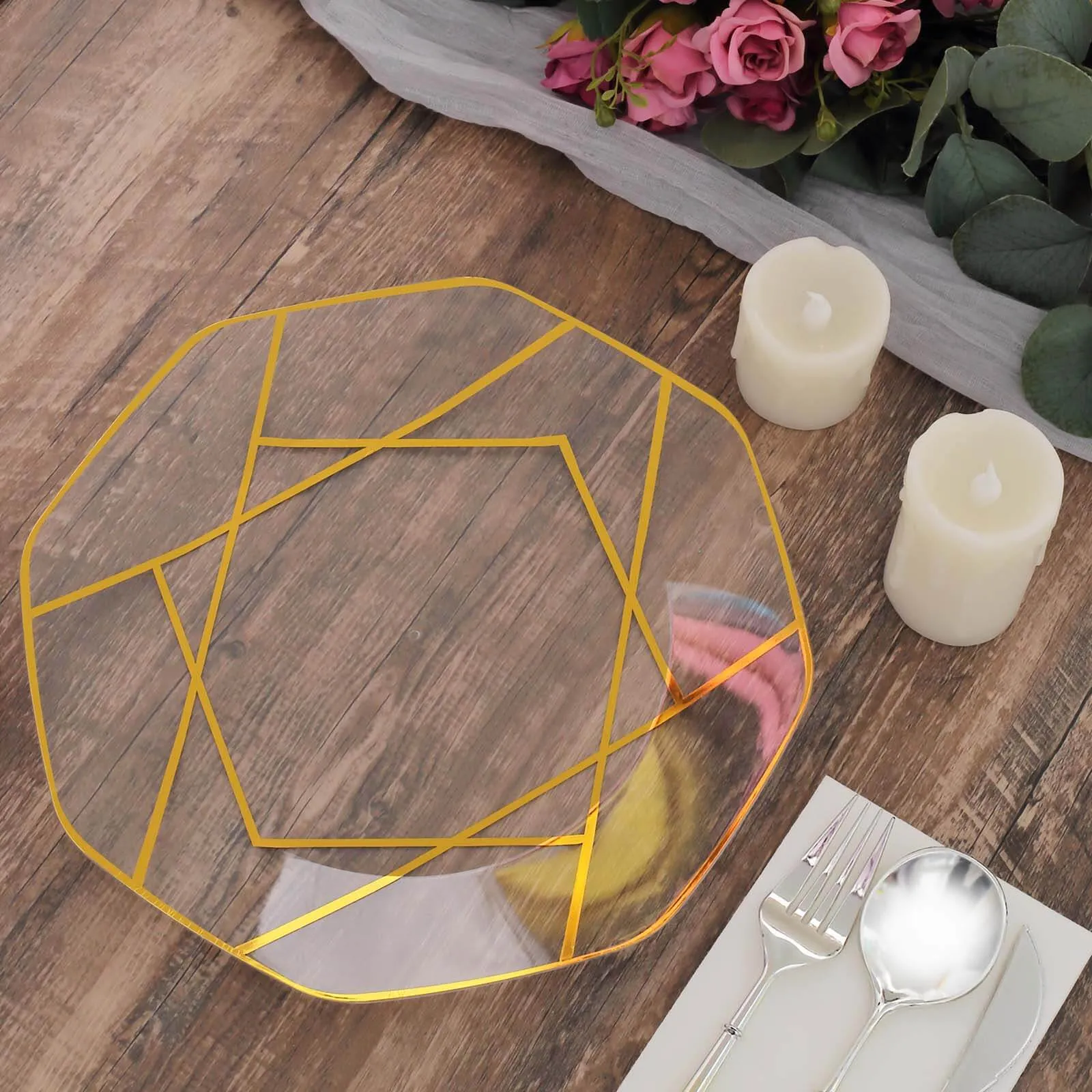 10 Pack 10" Clear Gold Geometric Design Disposable Dinner Plates, Plastic Octagon Party Plates