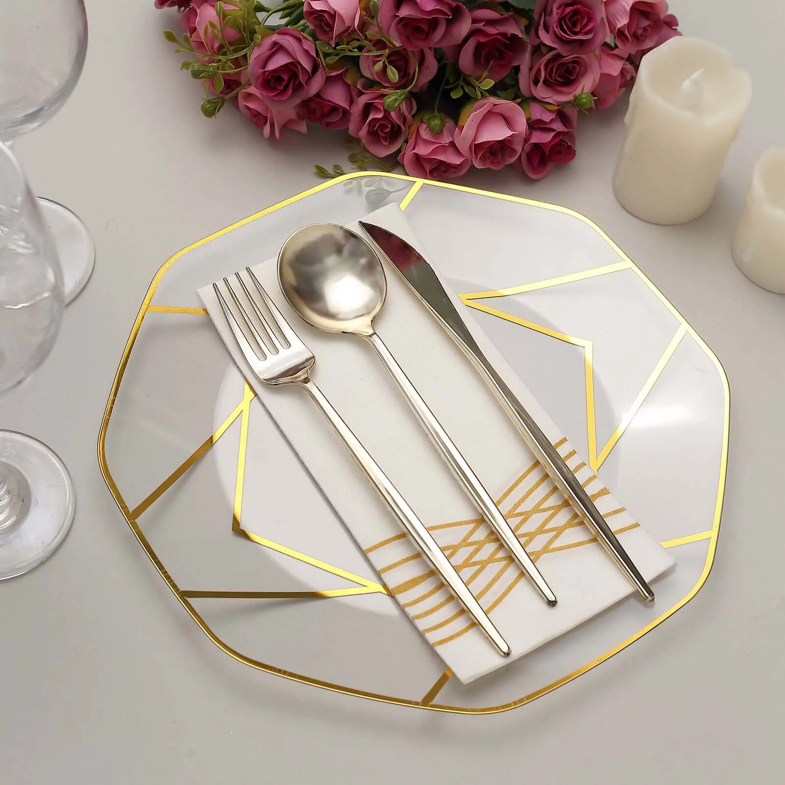 10 Pack 10" Clear Gold Geometric Design Disposable Dinner Plates, Plastic Octagon Party Plates