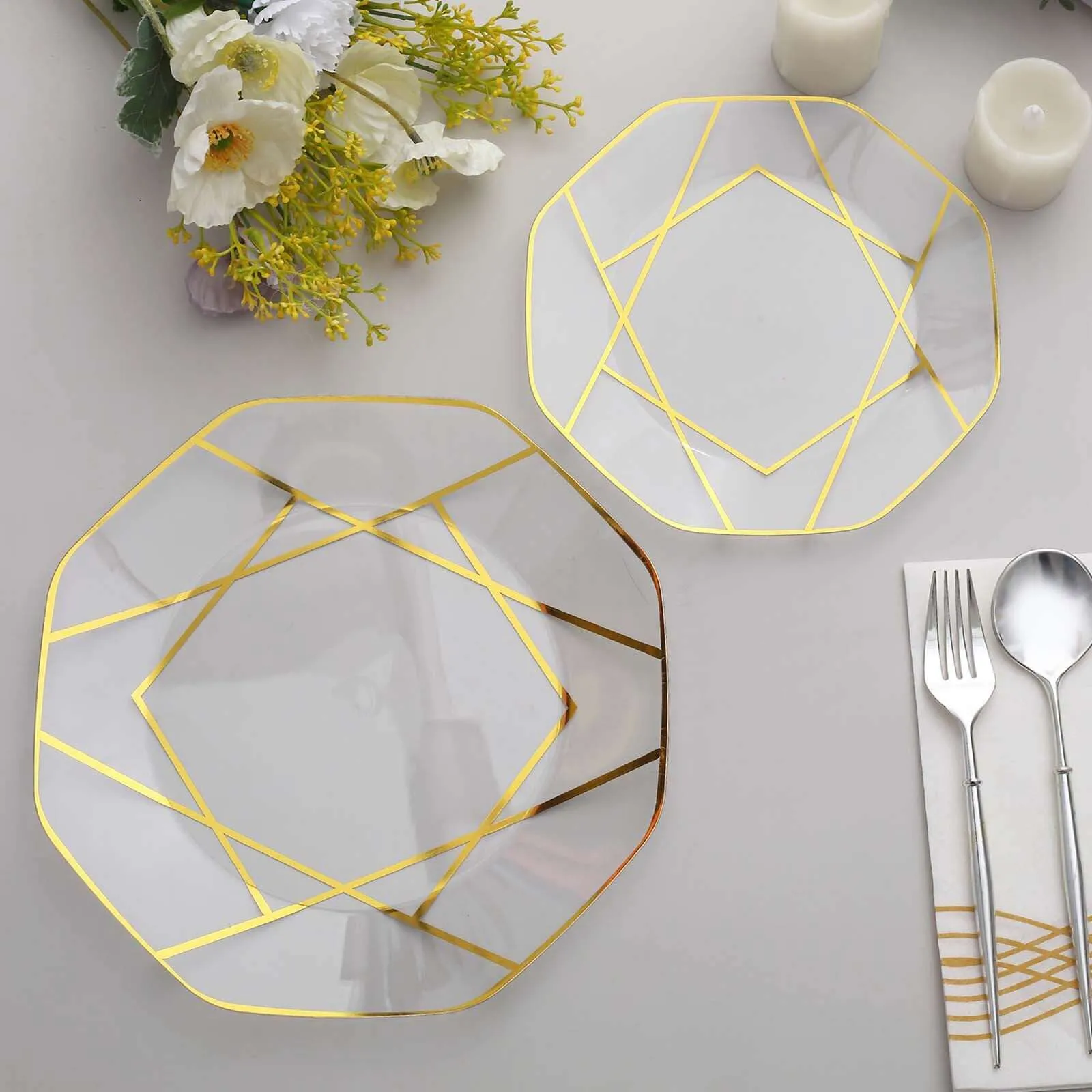 10 Pack 10" Clear Gold Geometric Design Disposable Dinner Plates, Plastic Octagon Party Plates