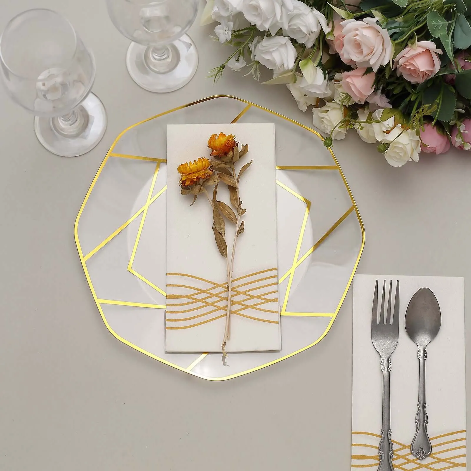 10 Pack 10" Clear Gold Geometric Design Disposable Dinner Plates, Plastic Octagon Party Plates