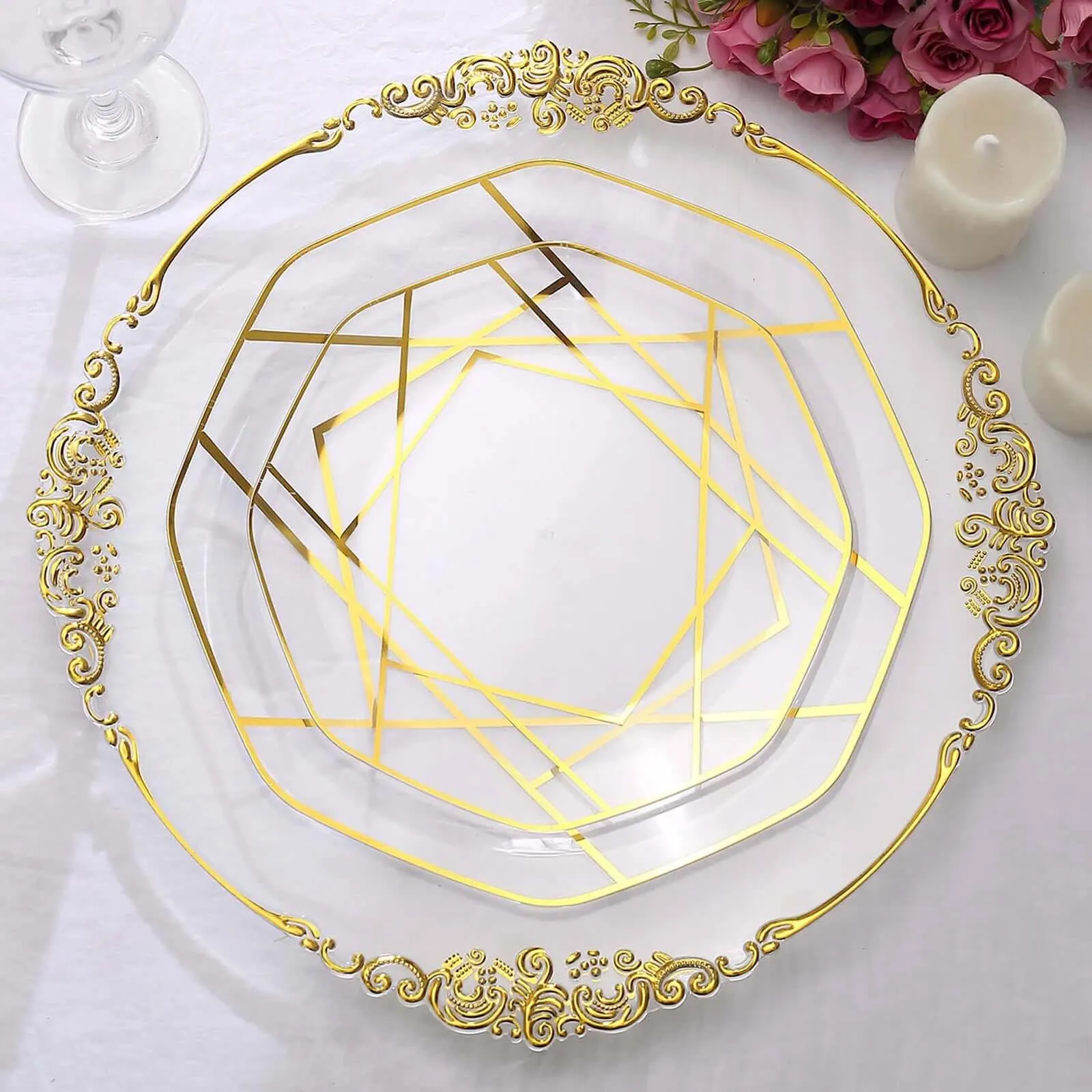 10 Pack 10" Clear Gold Geometric Design Disposable Dinner Plates, Plastic Octagon Party Plates