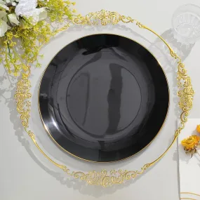 10 Pack 10" Glossy Black Round Disposable Dinner Plates With Gold Rim, Plastic Party Plates