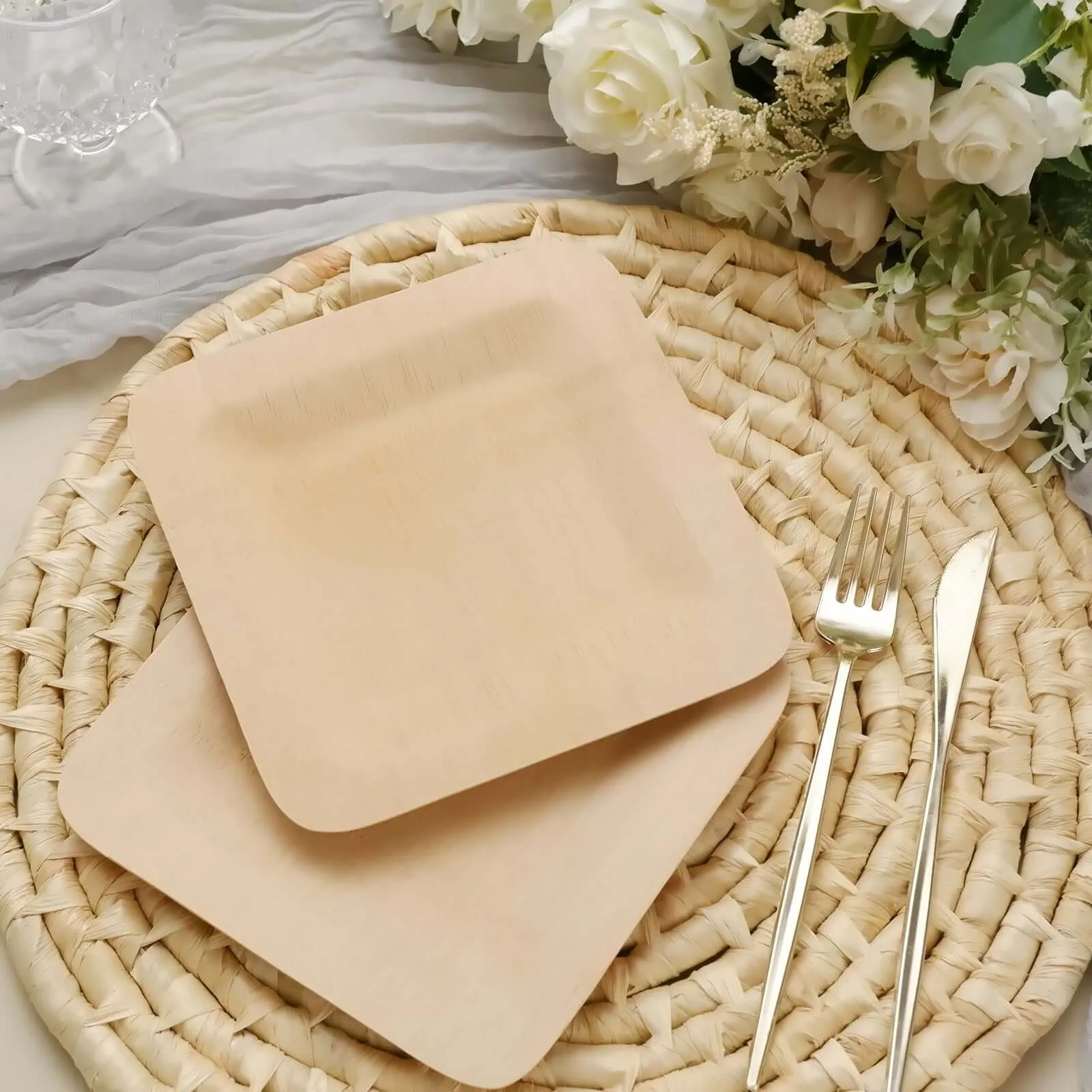 10 Pack 9" Eco Friendly Bamboo Square Disposable Dinner Plates