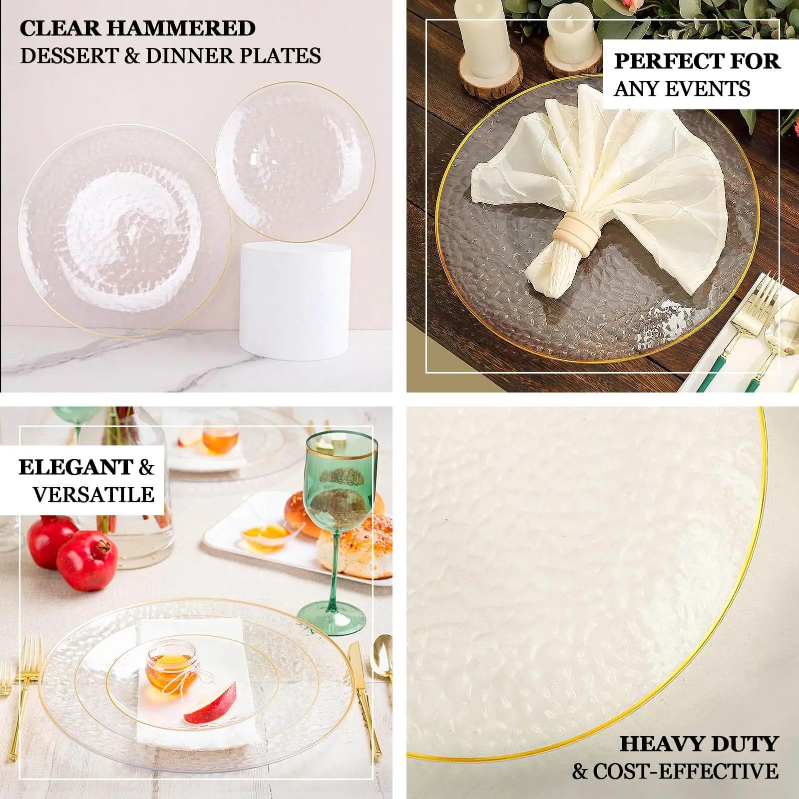 10 Pack Clear Hammered 7" Round Plastic Dessert Appetizer Plates With Gold Rim, Disposable Salad Party Plate