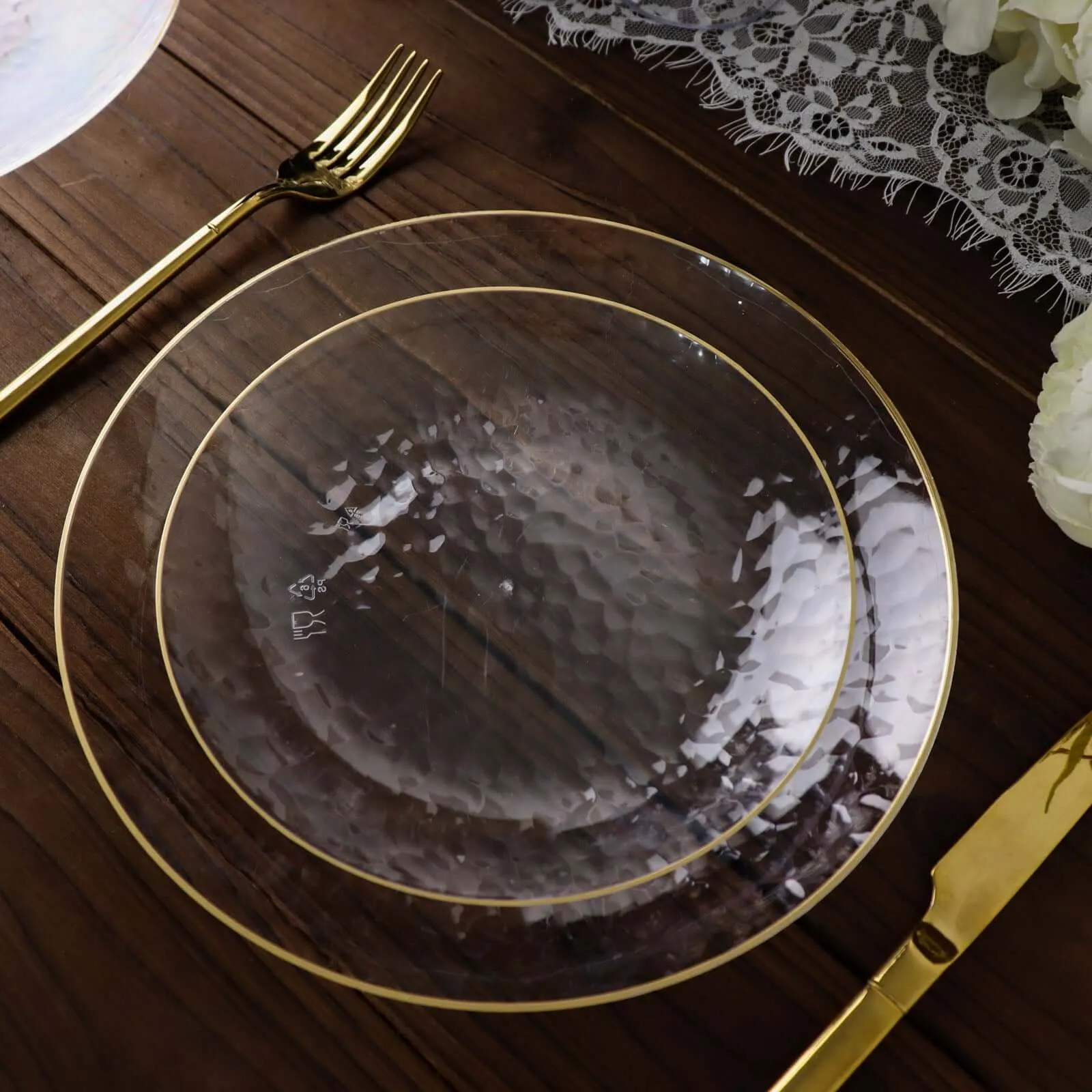 10 Pack Clear Hammered 7" Round Plastic Dessert Appetizer Plates With Gold Rim, Disposable Salad Party Plate