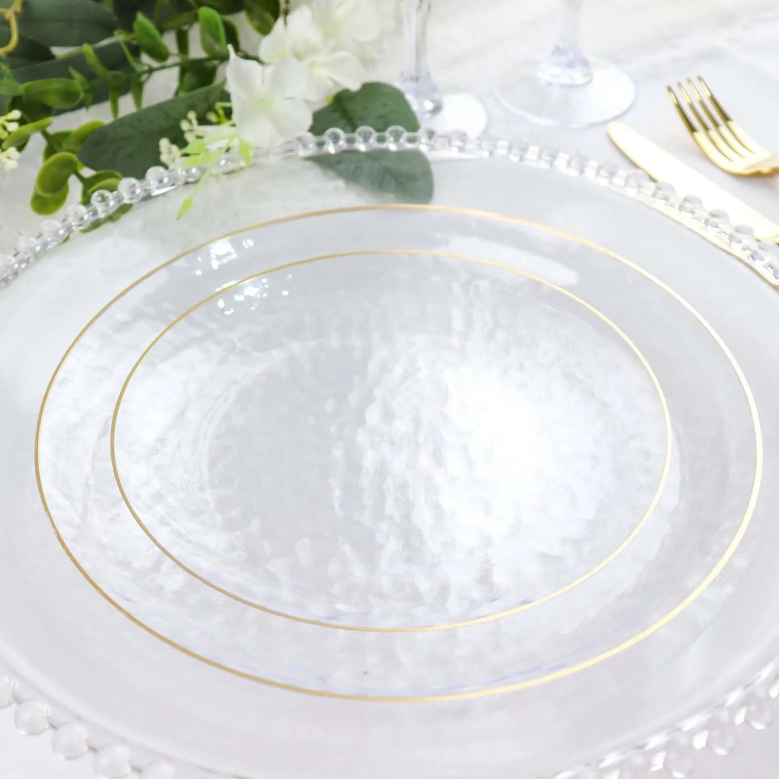 10 Pack Clear Hammered 7" Round Plastic Dessert Appetizer Plates With Gold Rim, Disposable Salad Party Plate