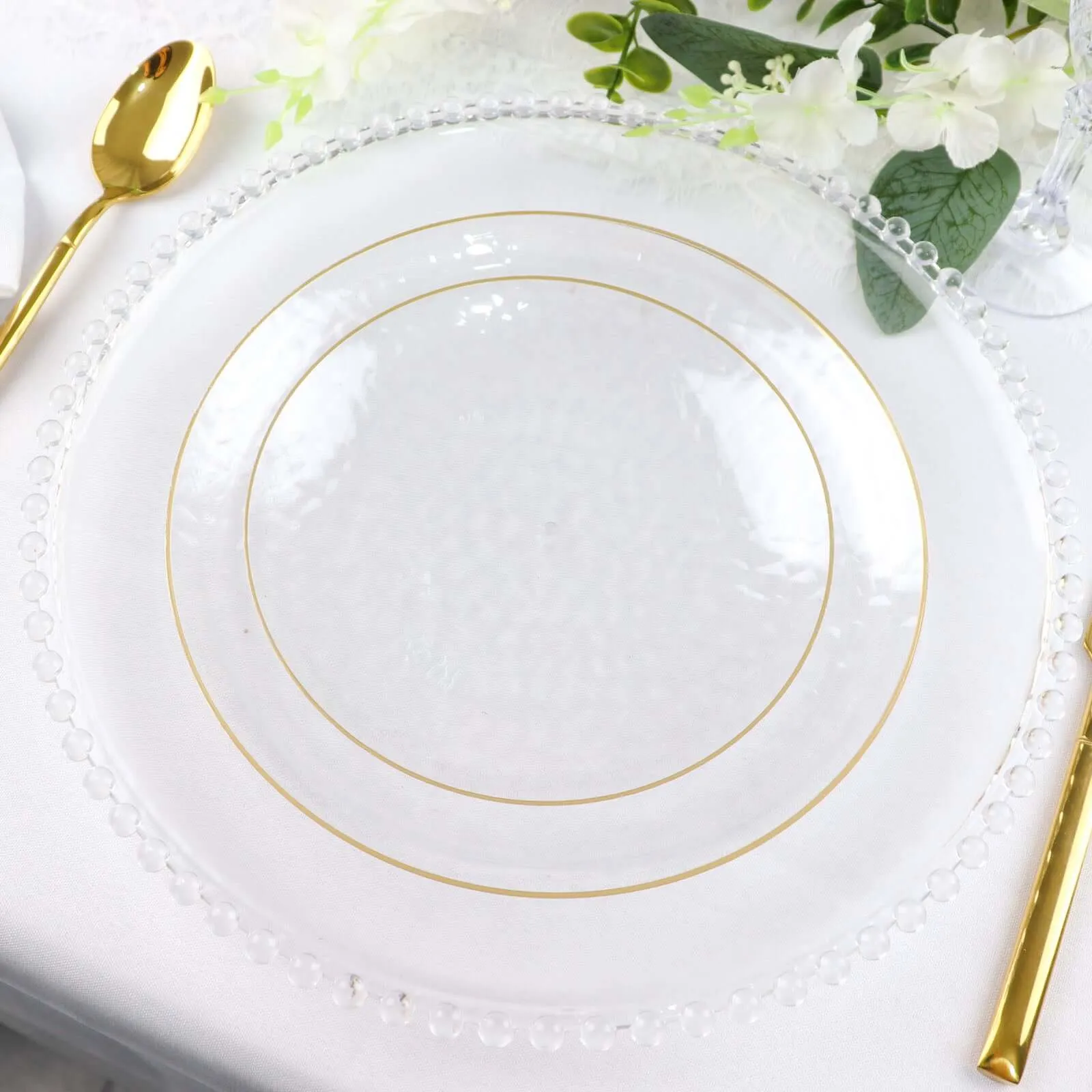 10 Pack Clear Hammered 7" Round Plastic Dessert Appetizer Plates With Gold Rim, Disposable Salad Party Plate