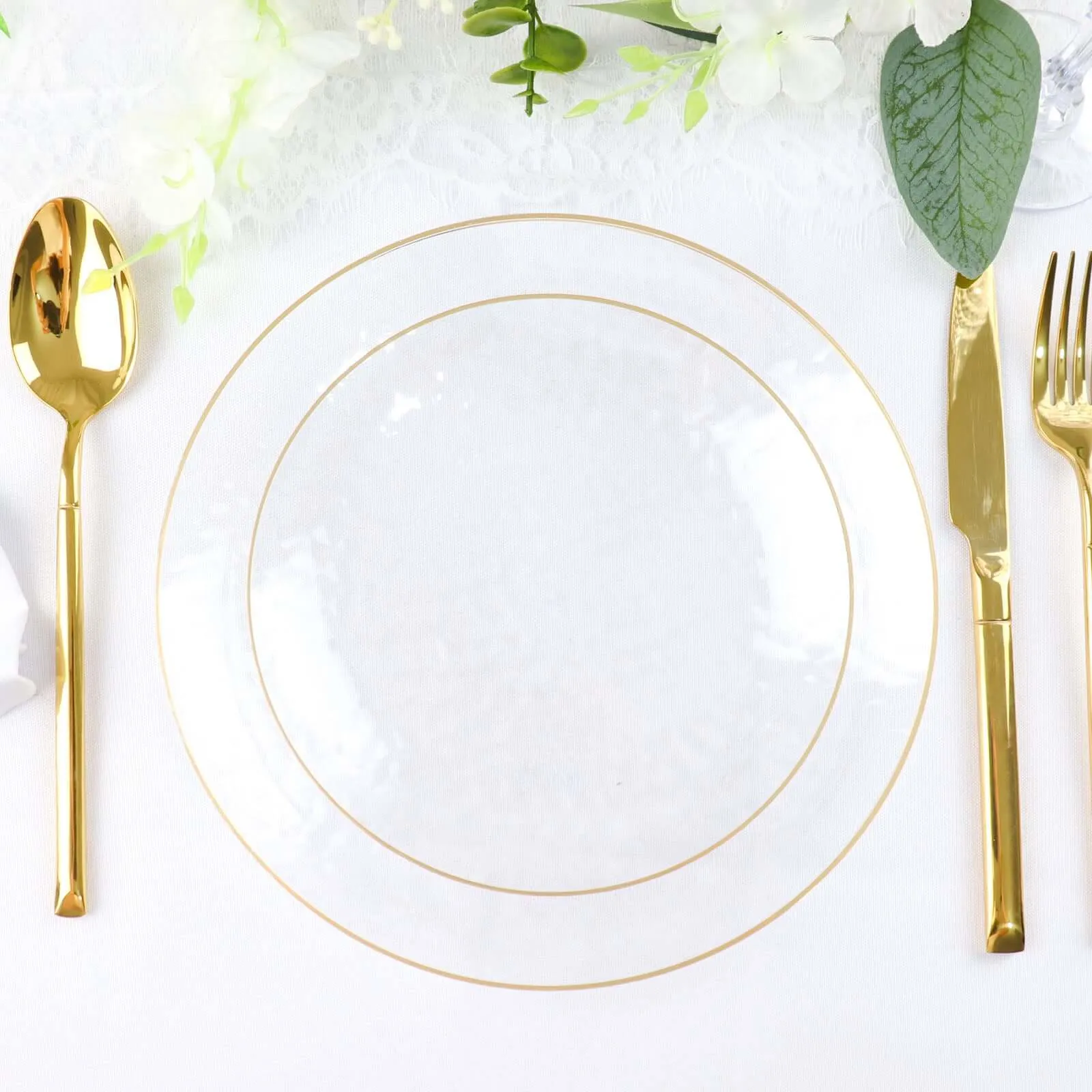 10 Pack Clear Hammered 7" Round Plastic Dessert Appetizer Plates With Gold Rim, Disposable Salad Party Plate