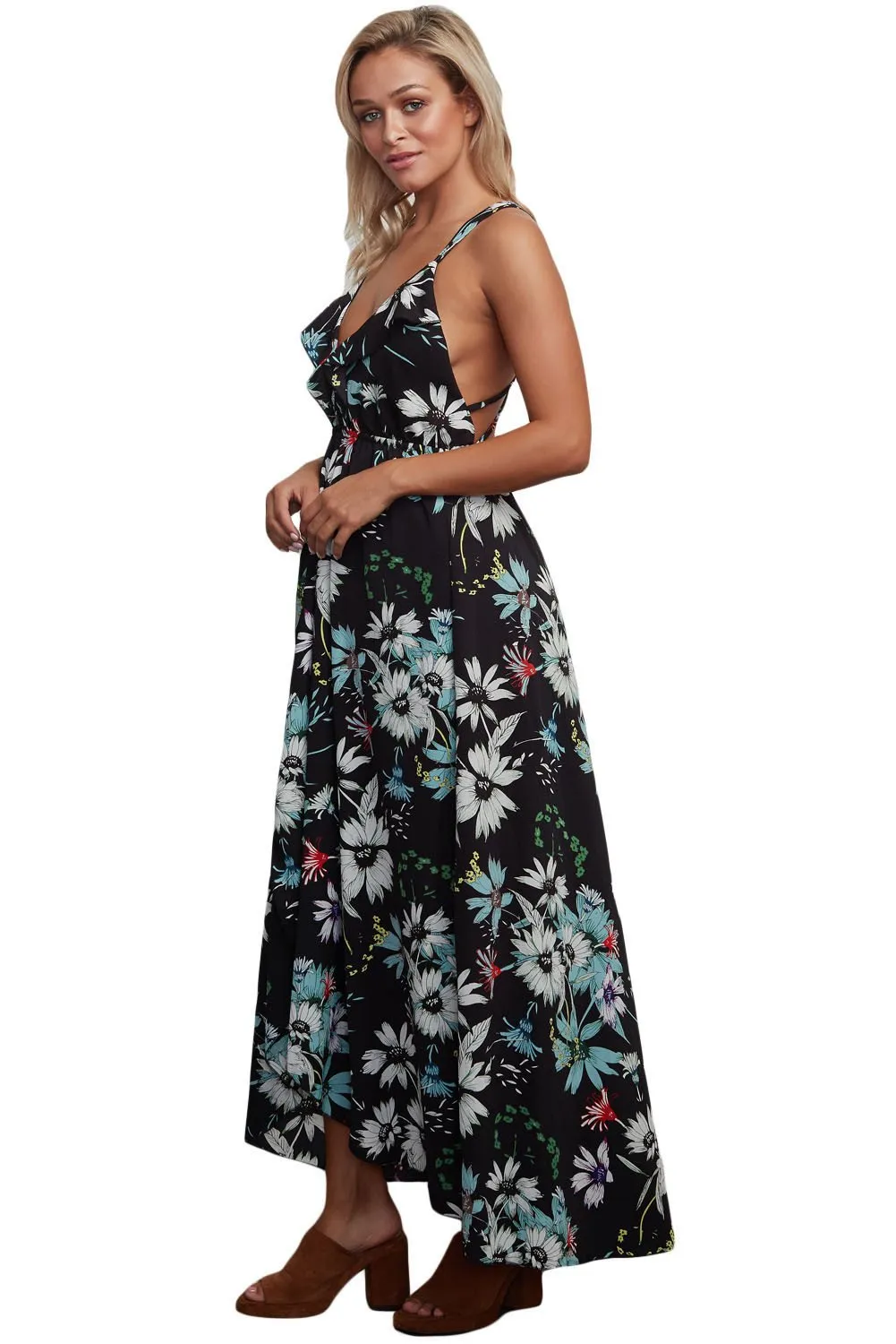 Black Floral Chiffon Spaghetti Straps Maxi Dress