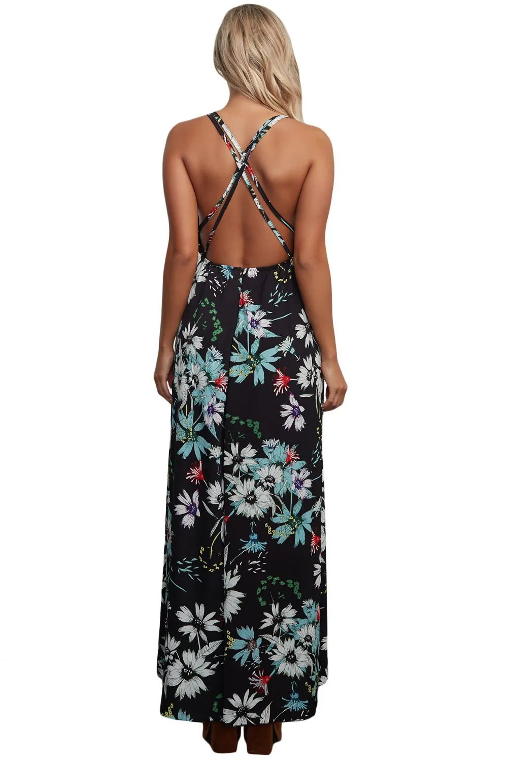 Black Floral Chiffon Spaghetti Straps Maxi Dress