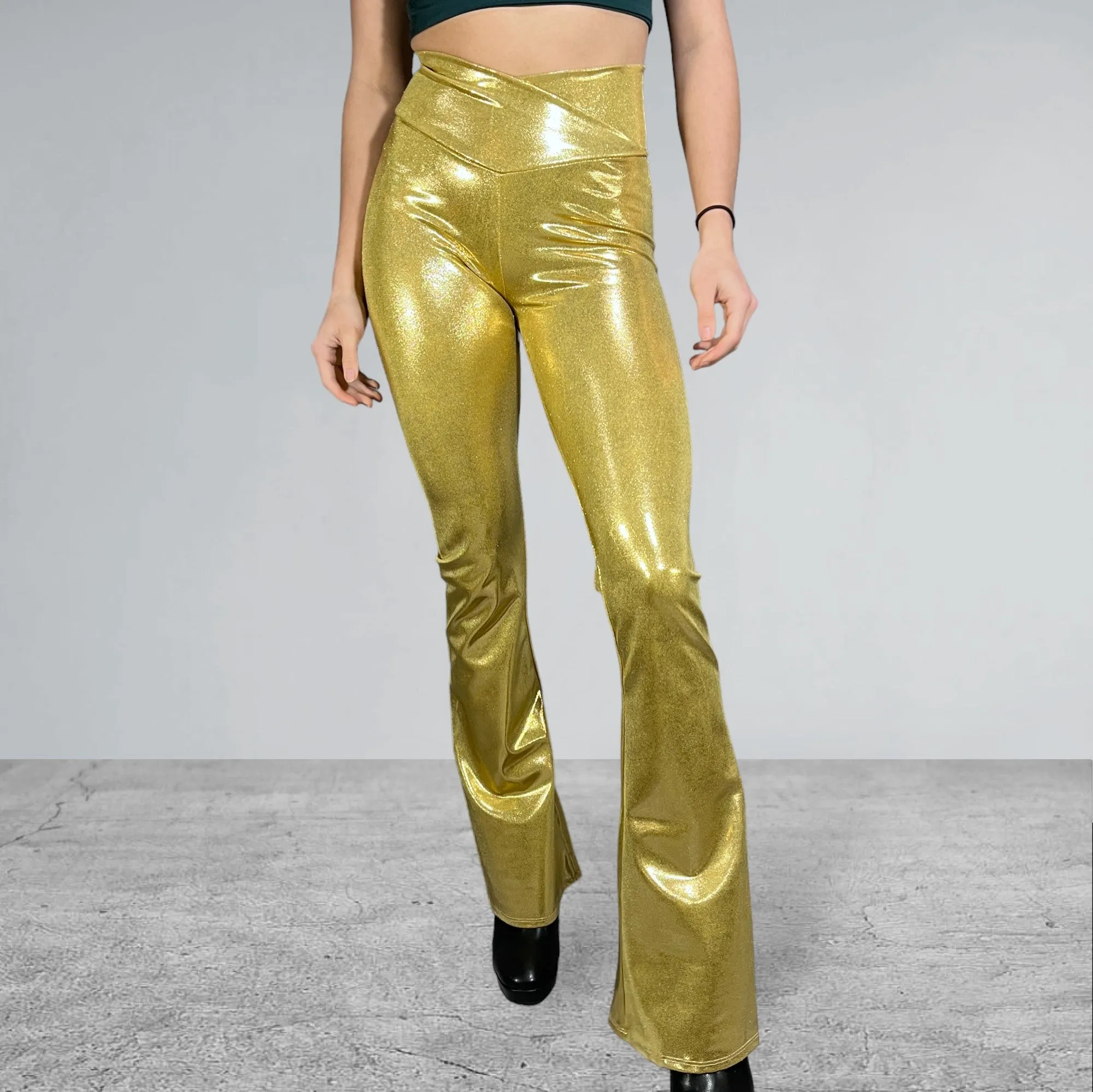 Crossover V-Waist Bootcut Flare Pants - Gold Mystique