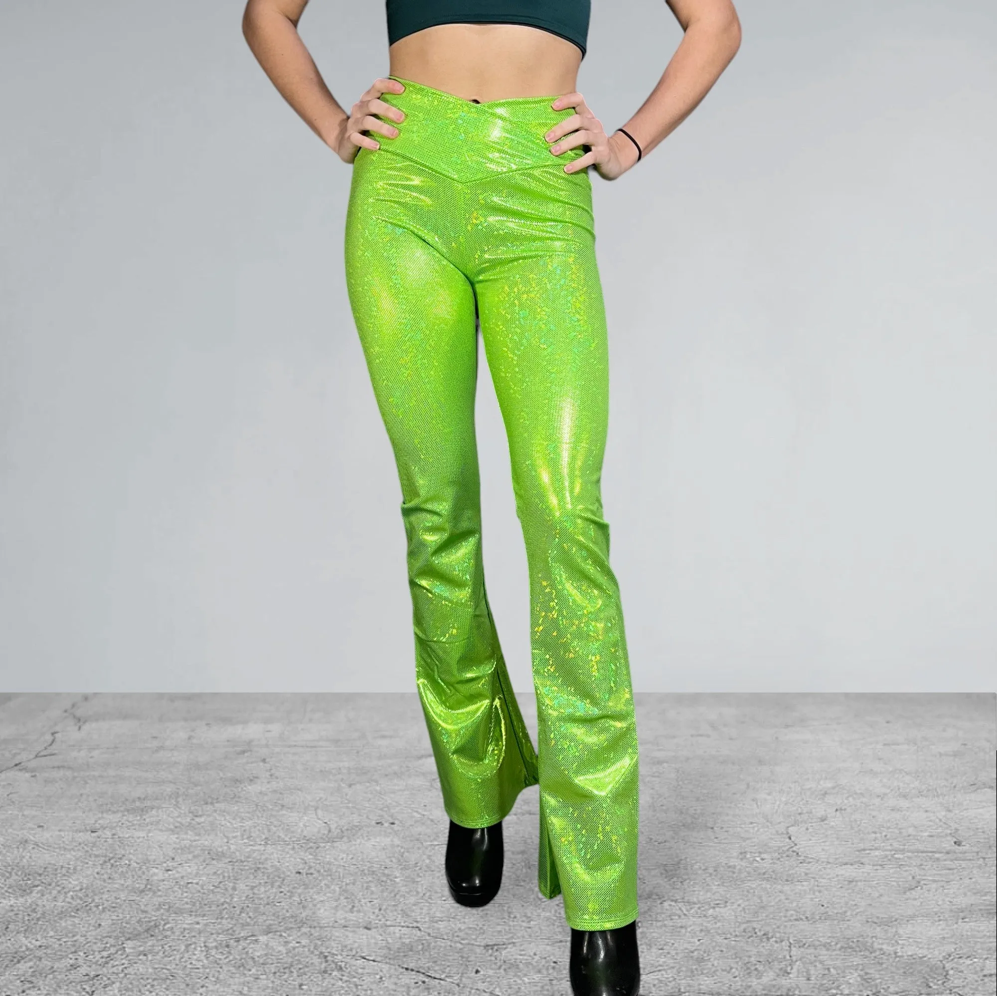 Crossover V-Waist Bootcut Flare Pants - Lime Shattered Glass Holographic