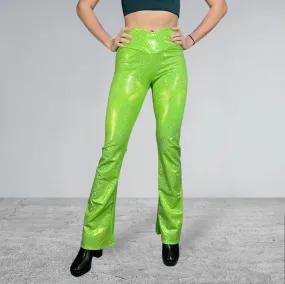 Crossover V-Waist Bootcut Flare Pants - Lime Shattered Glass Holographic