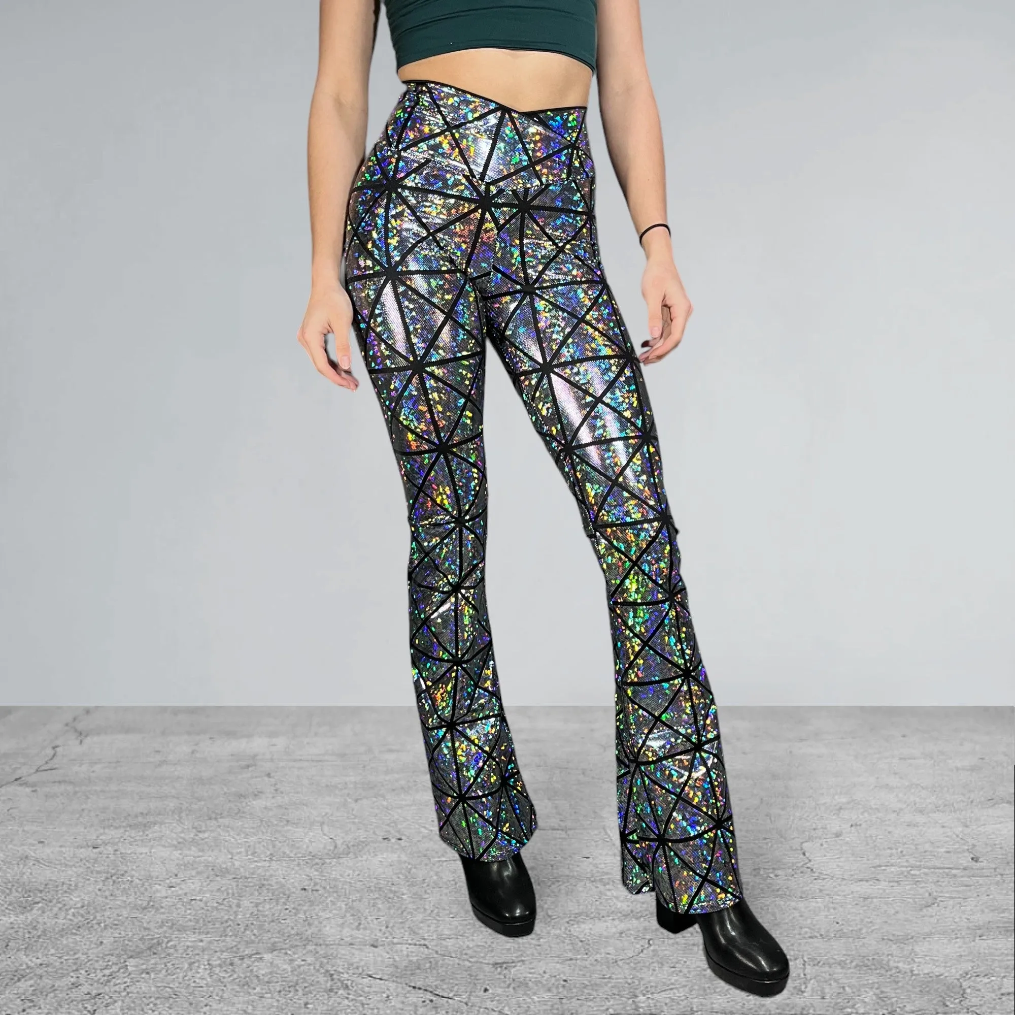 Crossover V-Waist Bootcut Flare Pants - Silver Glass Pane Holographic