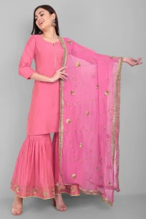 Gulabi Phool Gharara and Kurta with Dupatta - Set of 3