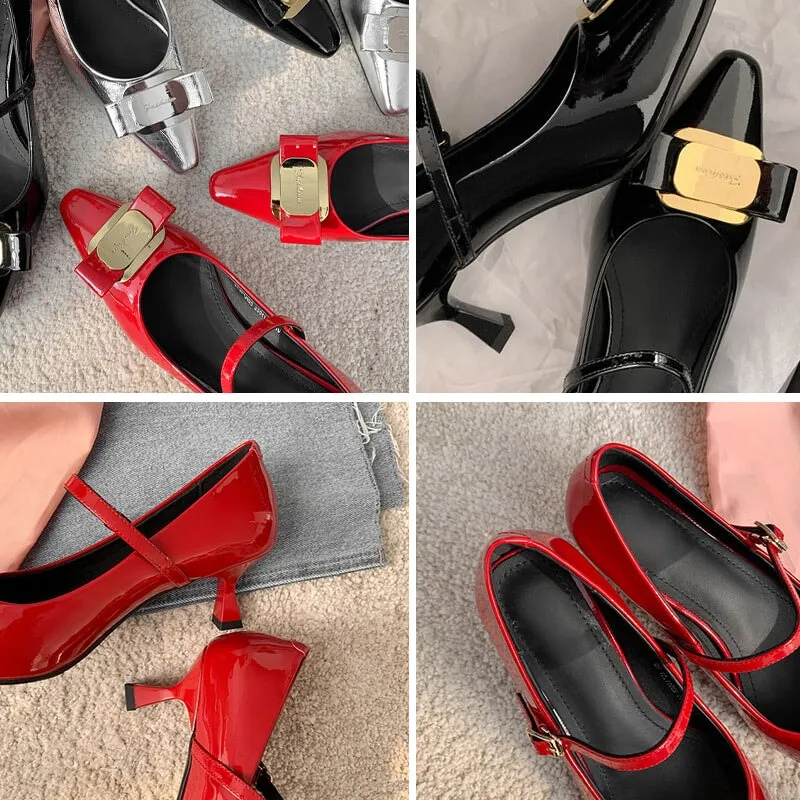 Handmade Leather Point Toe Pumps 55mm Kitty Heel In Red/Black/Silver