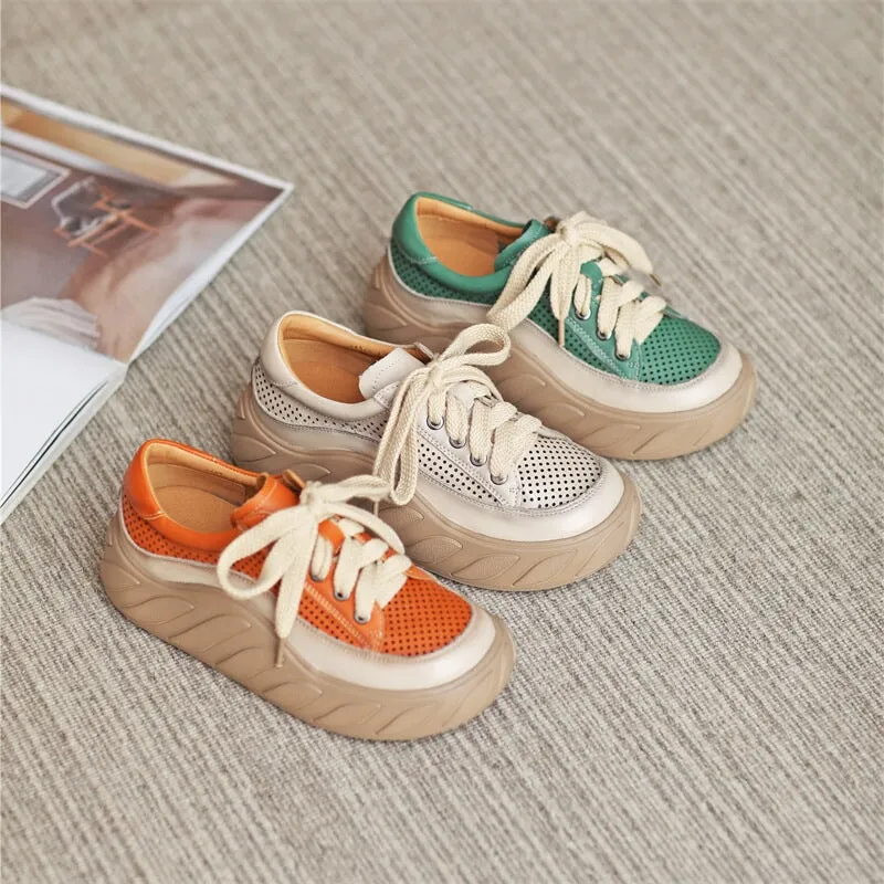 Leather Low-top Travel Perforated Platform Sneakers for Women in Beige/Orange/Green