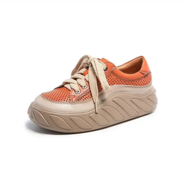 Leather Low-top Travel Perforated Platform Sneakers for Women in Beige/Orange/Green