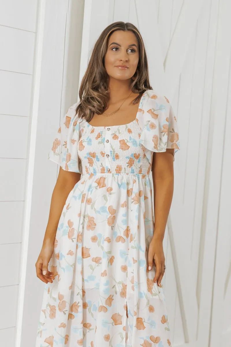 Natural Floral Print Smocked Maxi Dress - FINAL SALE