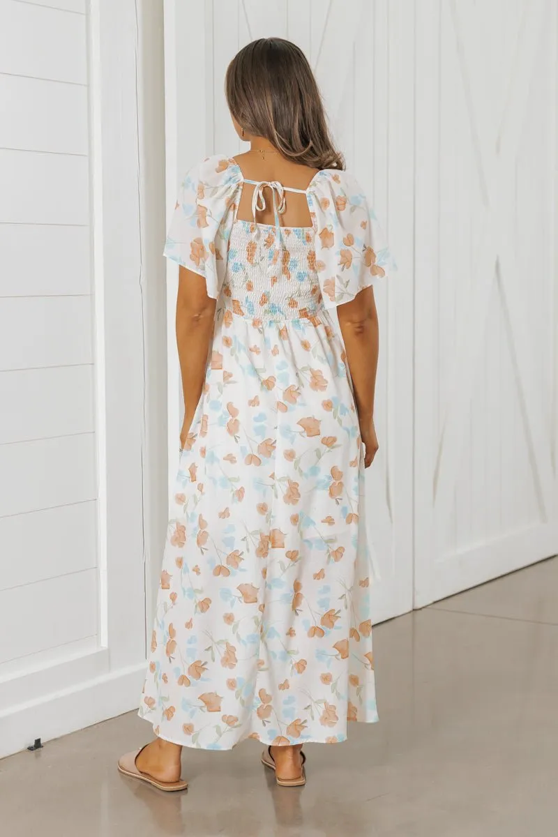 Natural Floral Print Smocked Maxi Dress - FINAL SALE