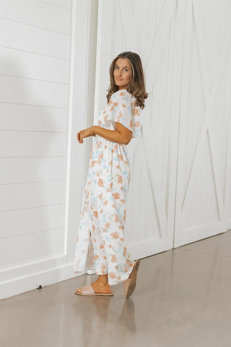 Natural Floral Print Smocked Maxi Dress - FINAL SALE