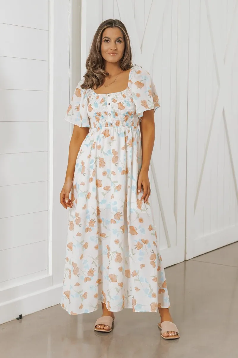 Natural Floral Print Smocked Maxi Dress - FINAL SALE