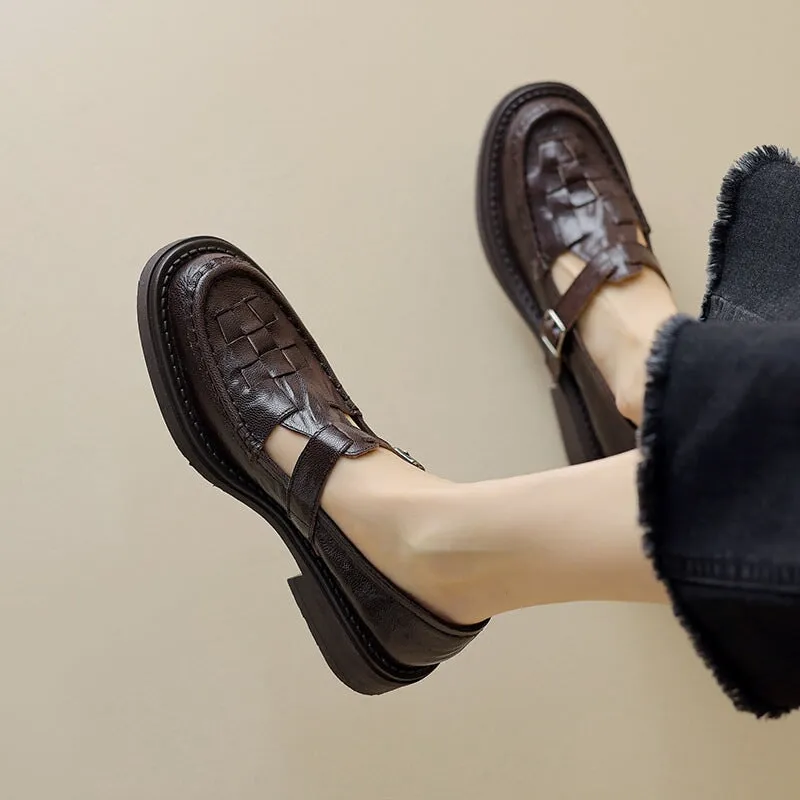 Retro Woven Leather T Strap Mary Jane Shoes In Black/Brown/Beige