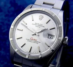 Rolex Oyster Perpetual Date 1501 Engine turned bezel Steel Silver dial Men's automatic winding (very good condition, overhauled) / 34mm