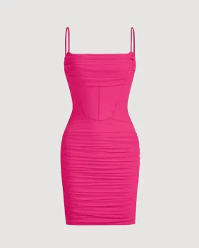 Ruched Mesh Cami Summer Short Bodycon Dress In Hot Pink