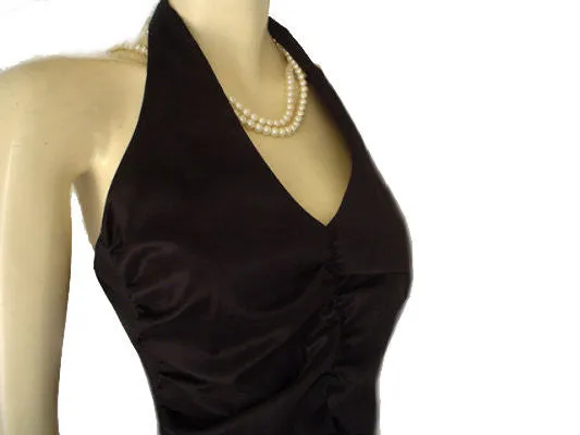 *VINTAGE DONNA RICCO HALTER SPANDX RUCHED COCKTAIL DRESS WITH RHINESTONE BUTTON