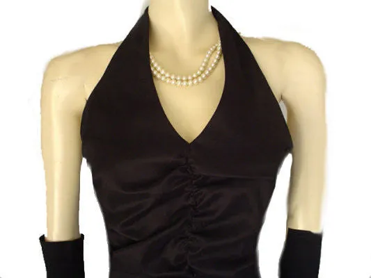 *VINTAGE DONNA RICCO HALTER SPANDX RUCHED COCKTAIL DRESS WITH RHINESTONE BUTTON