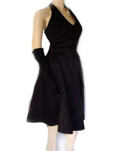 *VINTAGE DONNA RICCO HALTER SPANDX RUCHED COCKTAIL DRESS WITH RHINESTONE BUTTON