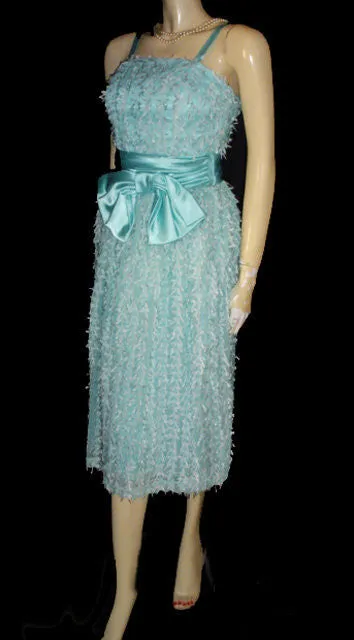 *VINTAGE JO ED SOPHISTICATES EYELASH RIBBON BOW SATIN & ORGANZA DRESS IN AQUAMARINE - NEW WITH TAG