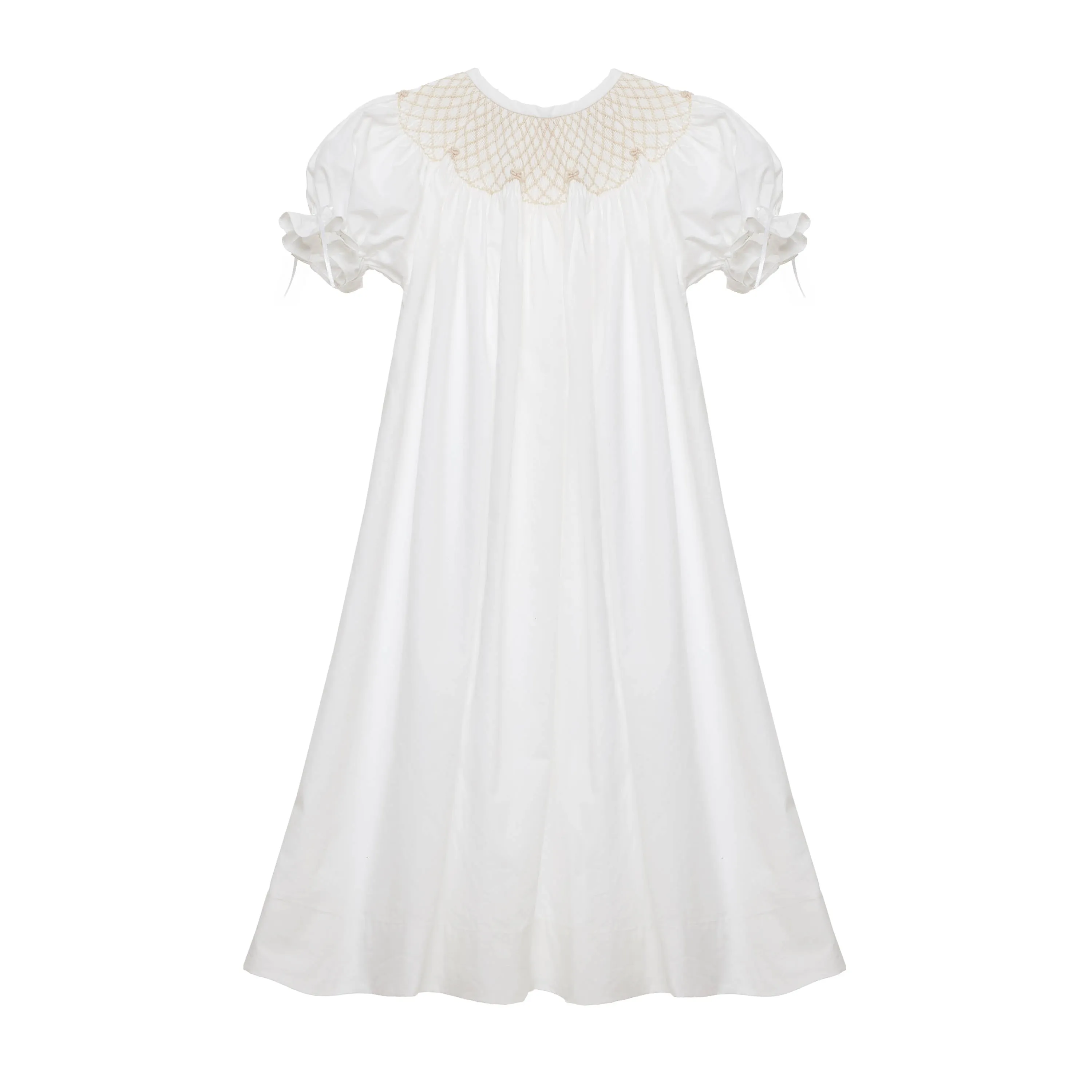 White Smocked Heirloom Bishop Dress with Cream Smocking