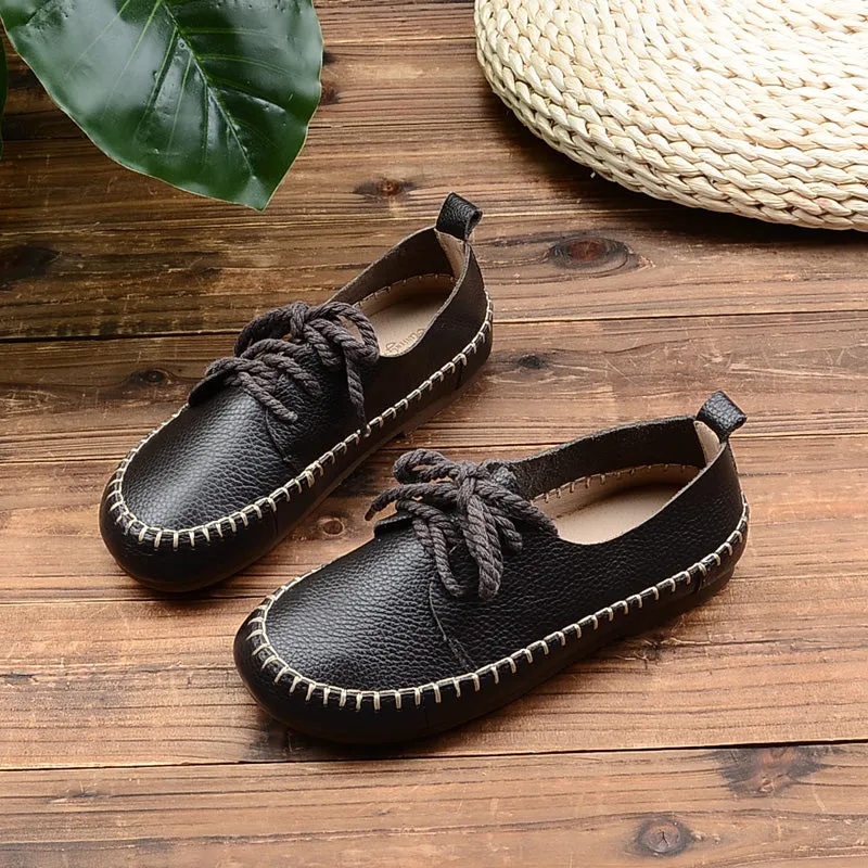 Women Retro Leather Flat Casual Shoes