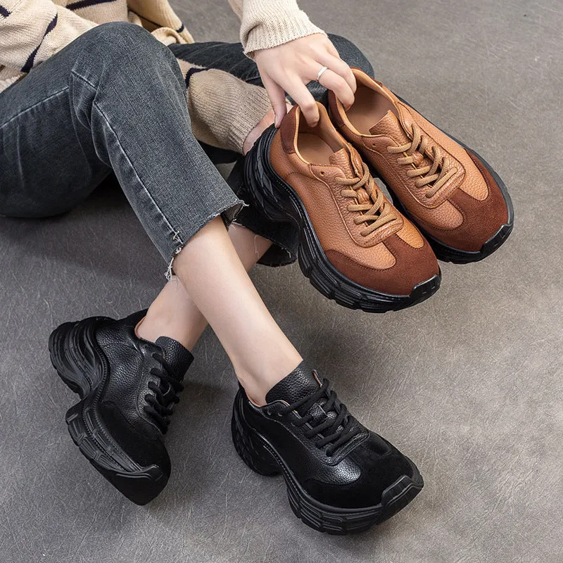 Women Retro Soft Leather Platform Casual Sneakers