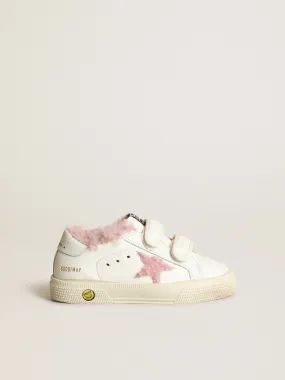 Young May School in white nappa with pink shearling star and lining